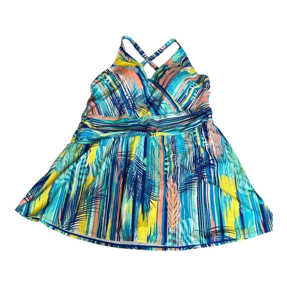 Denim & Co. Beach V-Neck Ruched Waist Swim Dress 22W A634759 Blue Stripe Palm - Picture 2 of 15